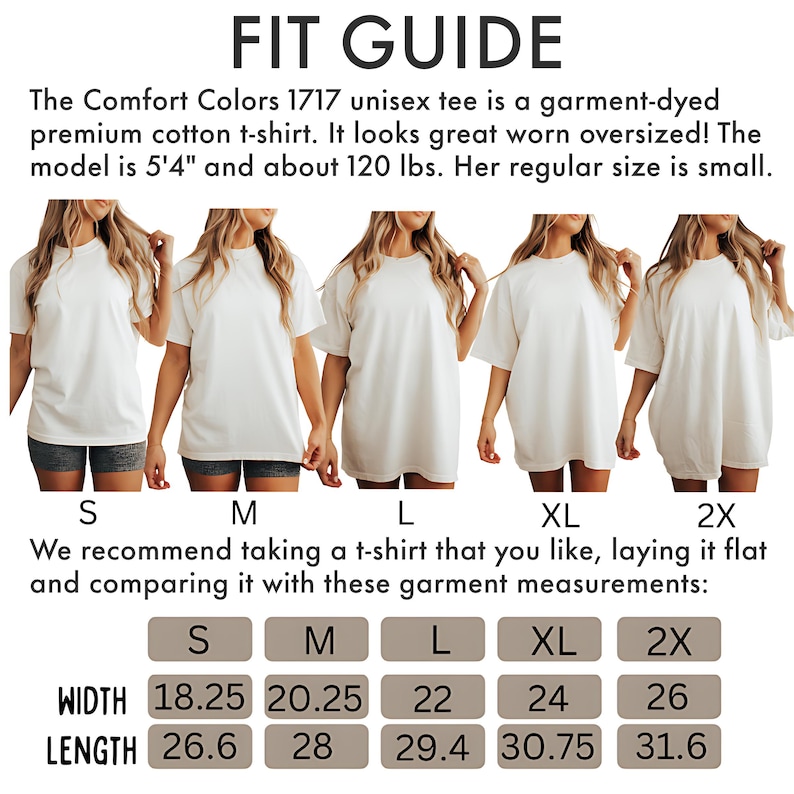 A graphic showing the same model wearing five different sizes of Comfort Colors t-shirt, from S through 2X, to show what the shirt looks like when worn oversized.