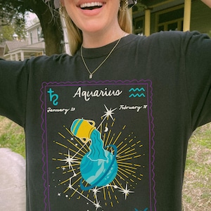 T-shirt zodiaque Verseau, cadeau d'anniversaire pour les amateurs d'astrologie, t-shirt graphique esthétique Doodle, haut signe astrologique, vêtements horoscope
