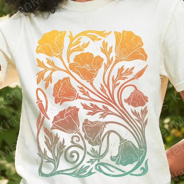 Vintage Linocut Artsy Quirky California Poppies, Flower Print Comfort Colors Tee