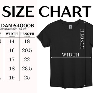 May include: Size chart for Gildan 64000B Softstyle Youth T-Shirt. The chart shows the width and length in inches for sizes XS, S, M, L, and XL.