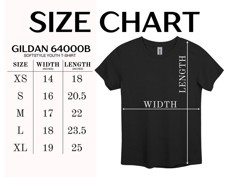 May include: Size chart for Gildan 64000B Softstyle Youth T-Shirt. The chart shows the width and length in inches for sizes XS, S, M, L, and XL.