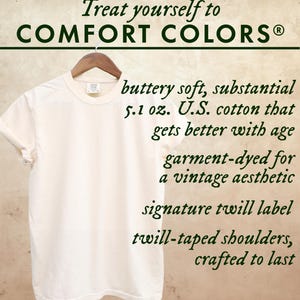 Slide listing the benefits of the high quality, garment dyed Comfort Colors 1717 t-shirt, including soft, US grown ring-spun 5.1 oz cotton and durable construction.