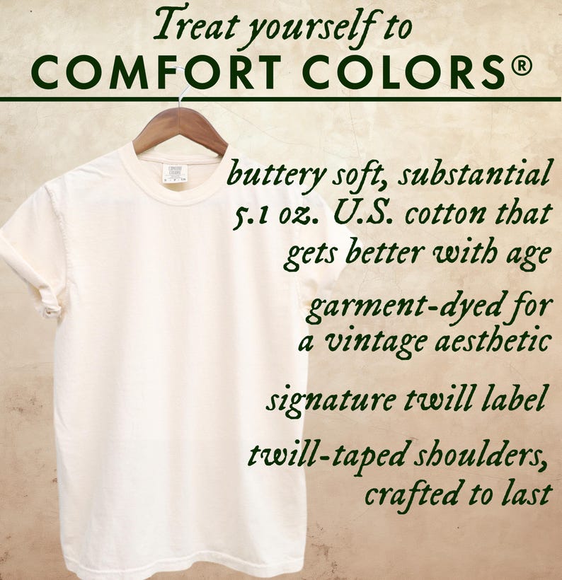 Slide listing the benefits of the high quality, garment dyed Comfort Colors 1717 t-shirt, including soft, US grown ring-spun 5.1 oz cotton and durable construction.