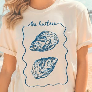 Camiseta con dibujo retro de ostras / Camiseta minimalista con estampado gastronómico, estilo campestre francés.