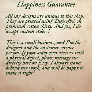 Happiness guarantee explaining that the KittenMeWares Etsy shop's designs are unique and printed with the high quality Digisoft printing process. If there are any defects in a product, just message KittenMeWares on Etsy and we will make it right.