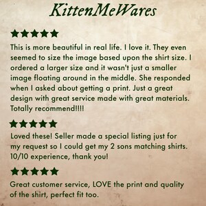 Image features the text "Kitten Me Wares" and customer reviews with star ratings. The reviews praise the print quality, fit, and customer service.