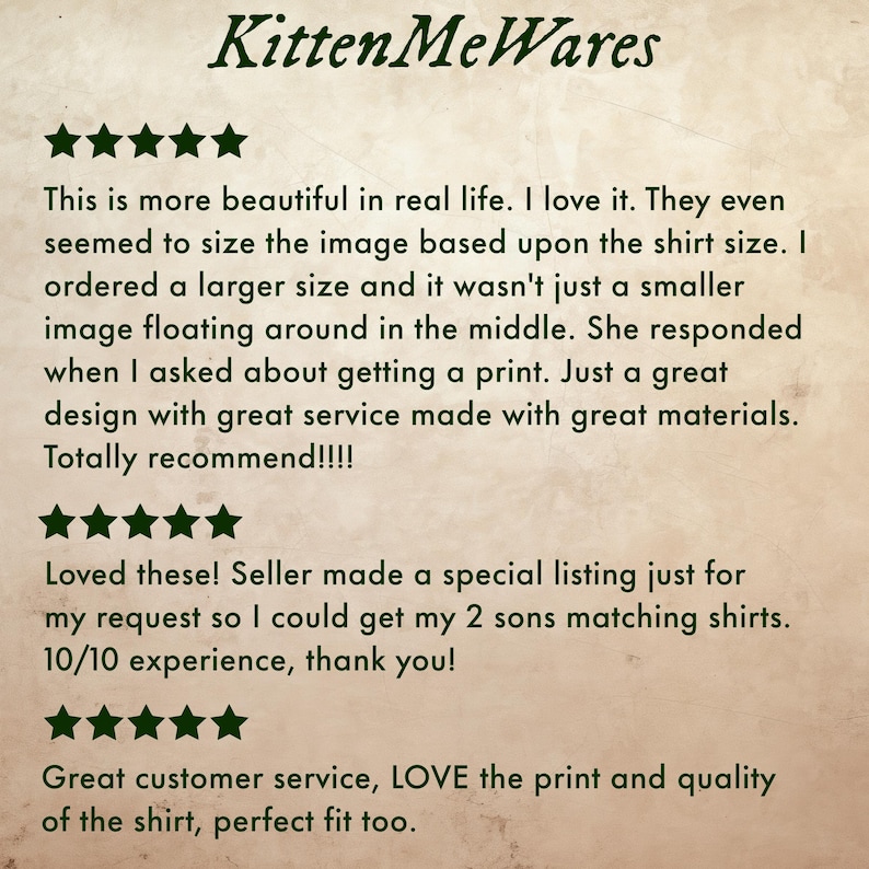 Image features the text "Kitten Me Wares" and customer reviews with star ratings. The reviews praise the print quality, fit, and customer service.