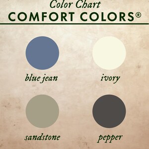 Color chart for Arches National Park t-shirt, showing swatches of the Comfort Colors colors Blue Jean, Ivory, Sandstone and Pepper.