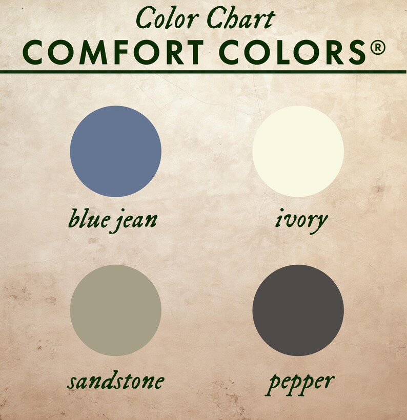 Color chart for Arches National Park t-shirt, showing swatches of the Comfort Colors colors Blue Jean, Ivory, Sandstone and Pepper.