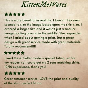 Image features the text "Kitten Me Wares" and customer reviews with star ratings. The reviews praise the print quality, fit, and customer service.
