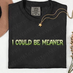 May include: A black short-sleeved t-shirt with a crew neckline and a Comfort Colors brand label in size XL. The front features the text I COULD BE MEANER printed in a light green, dripping, horror-style font across the center of the chest.