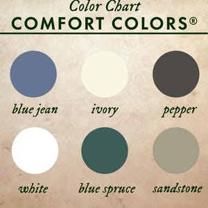 Color chart listing ordering options for the Banff National Park t-shirt, showing the colors Blue Jean, Ivory, Pepper, White, Blue Spruce and Sandstone.