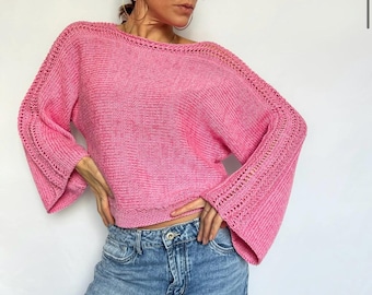 Jersey corto de punto a mano de algodón bambú rosa — Mangas caladas, corte holgado, prenda de punto hecha a mano, regalo para ella