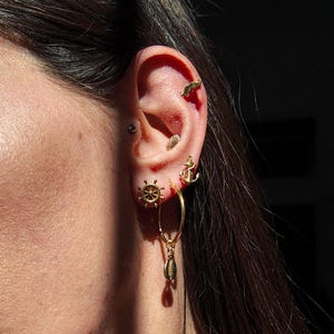 Può includere: Primo piano di un orecchio adornato da molteplici orecchini d'oro. Gli orecchini includono un timone, un'ancora, una conchiglia e un orecchino a forma di baffi. I gioielli sono ambientati su capelli e pelle scuri, con la luce del sole che ne evidenzia i dettagli.
