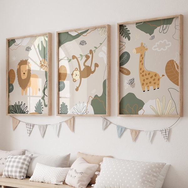 Safari poster set in beige khacki and mustard colors with animals