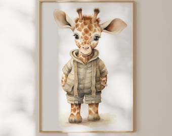 Poster with baby giraffe for children's room in beige, children's poster lion, baby room safari jungle