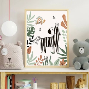 May include: A black and white zebra with a brown turtle illustration on a white background with green and brown foliage. The print has a whimsical and modern style.