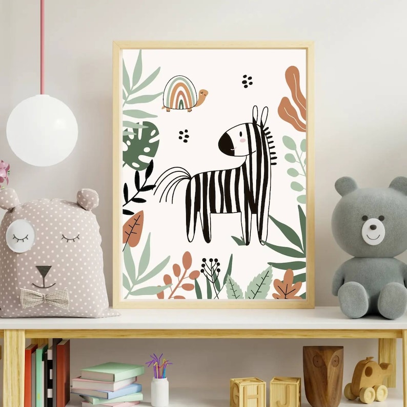 May include: A black and white zebra with a brown turtle illustration on a white background with green and brown foliage. The print has a whimsical and modern style.