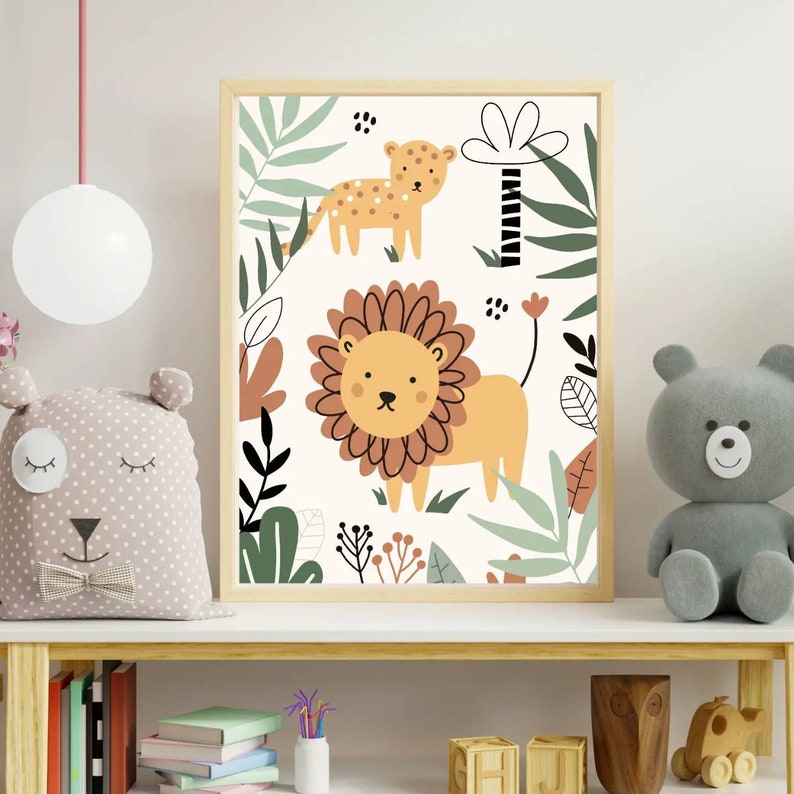May include: A white background with a brown lion and a yellow cheetah in a jungle setting. The lion has a brown mane and the cheetah has black spots. There are green leaves and a brown tree in the background.