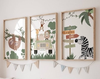 Safari Wall Art Nursery Poster Safari Printed Wall Art Canvas Painting Poster with Lion Monkey Giraffe Zebra