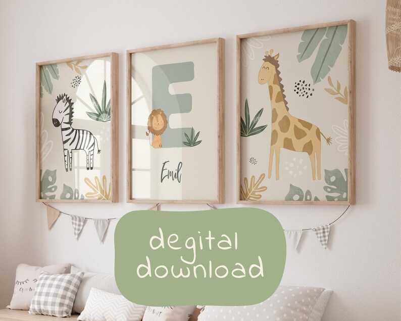 Personalized Safari Animal Posters, Custom Name Nursery Wall Art