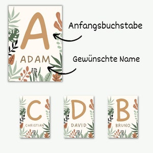 May include: A set of three printable cards with a leafy green and brown floral design. Each card features a large letter in a gold color and a name underneath. The first card has the letter A and the name Adam. The second card has the letter C and the name Christian. The third card has the letter D and the name David.
