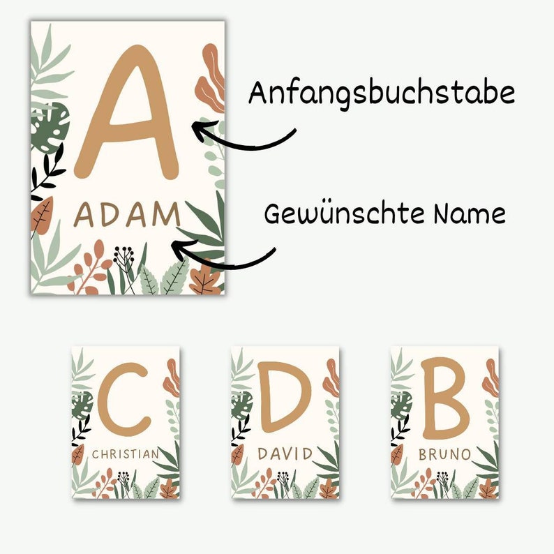May include: A set of three printable cards with a leafy green and brown floral design. Each card features a large letter in a gold color and a name underneath. The first card has the letter A and the name Adam. The second card has the letter C and the name Christian. The third card has the letter D and the name David.