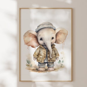 Póster con elefantes para habitación infantil en beige, póster infantil león, habitación bebé selva safari