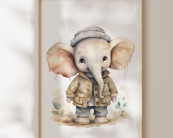 Poster with elephants for children's room in beige, children's poster lion, baby room safari jungle