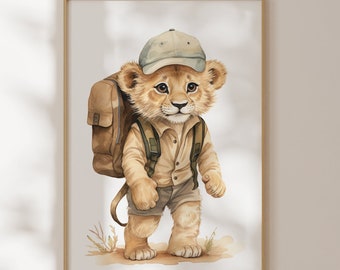 Poster with lion for children's room in beige, children's poster lion, baby room safari jungle