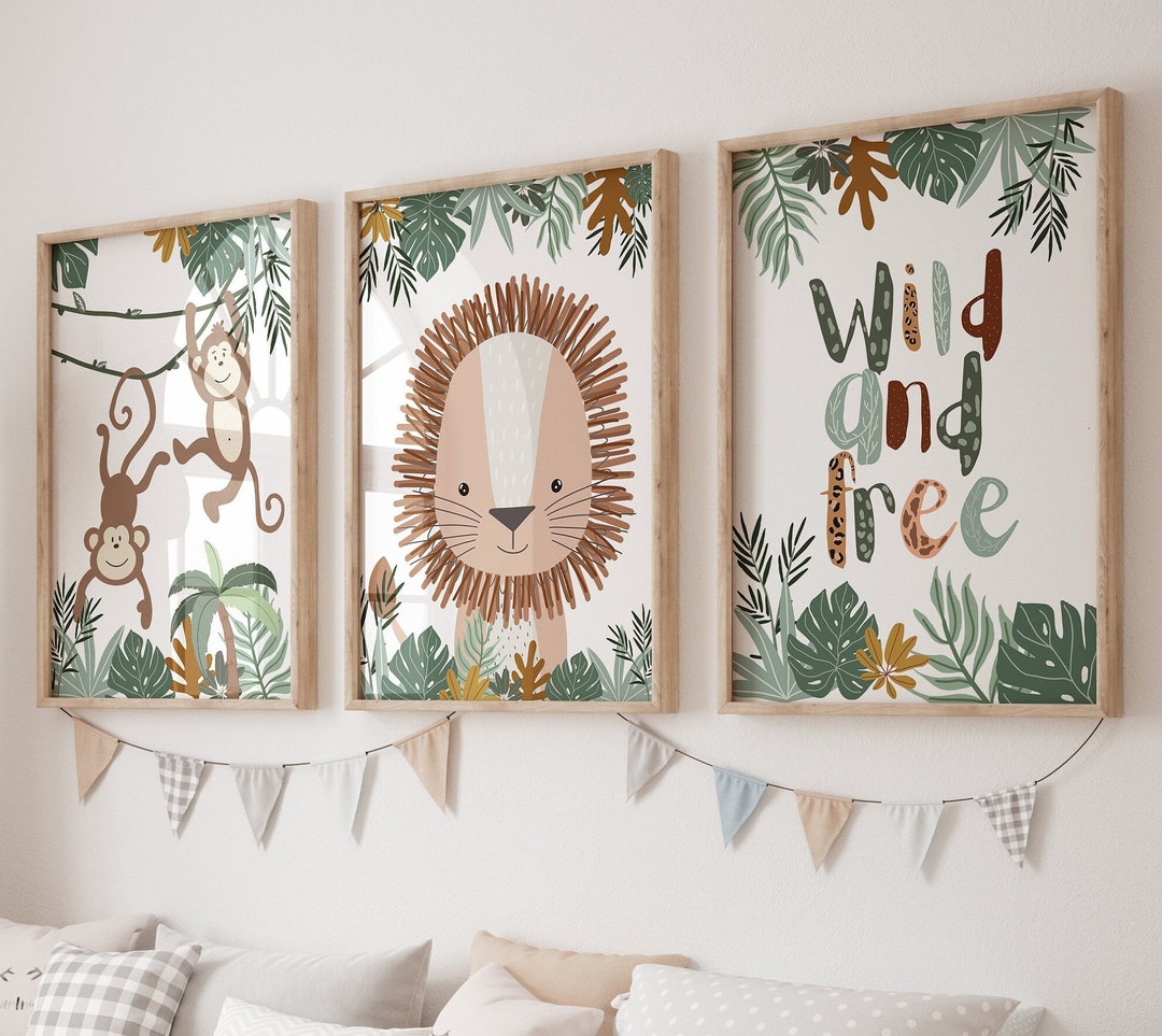 Poster Safari Set With Lion and Monkeys Nursery Jungle Wall Art Etsy