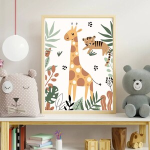 May include: A framed print featuring a cartoon giraffe and tiger in a jungle setting. The giraffe is brown with orange spots and the tiger is orange with black stripes. The background is green with leaves and flowers.