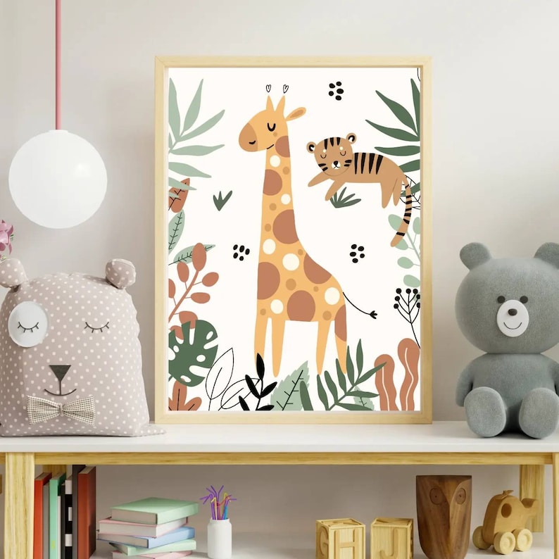 May include: A framed print featuring a cartoon giraffe and tiger in a jungle setting. The giraffe is brown with orange spots and the tiger is orange with black stripes. The background is green with leaves and flowers.