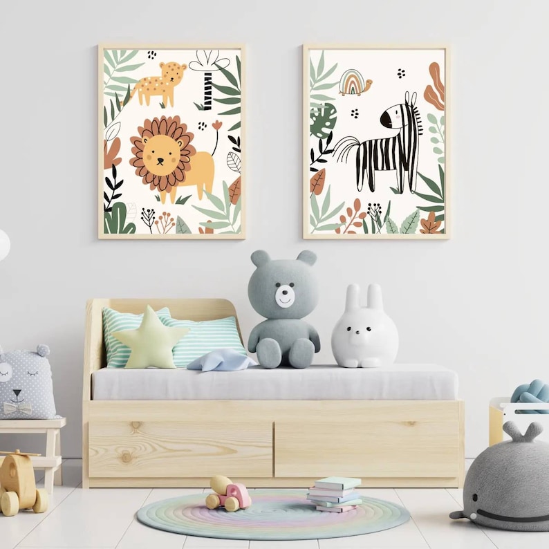 May include: Two framed illustrations of jungle animals. The first illustration features a lion and a leopard in a green jungle setting. The second illustration features a zebra and a turtle in a green jungle setting.