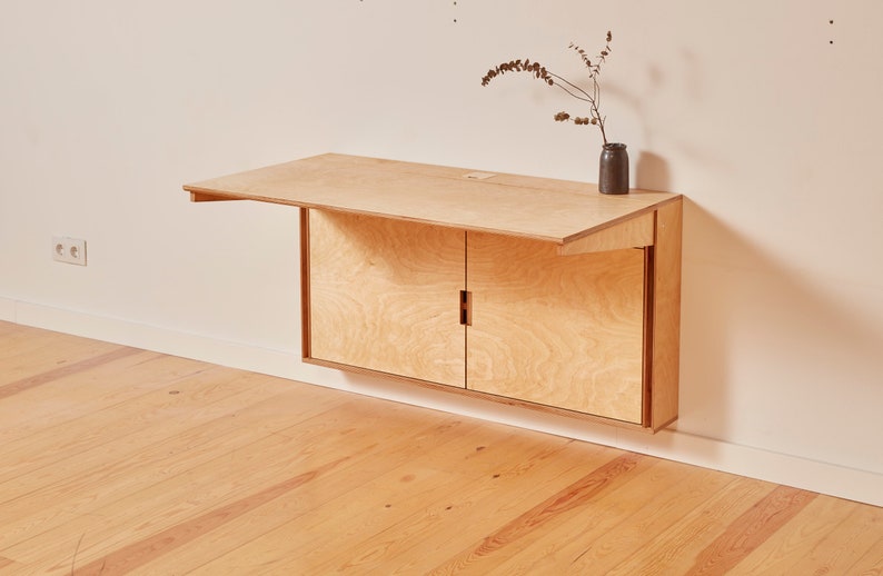 Wood folding desk with storage, folding work space, home office station folding desk, collapsible desk, floating wall secretary desk, bureau image 3