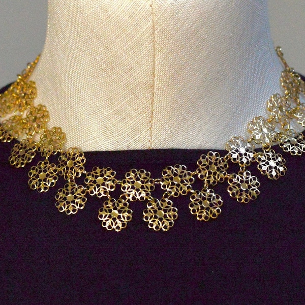 Vintage Vendome Articulated Gilt Filigree Delicate Mid Century Lacey Choker Bib Necklace