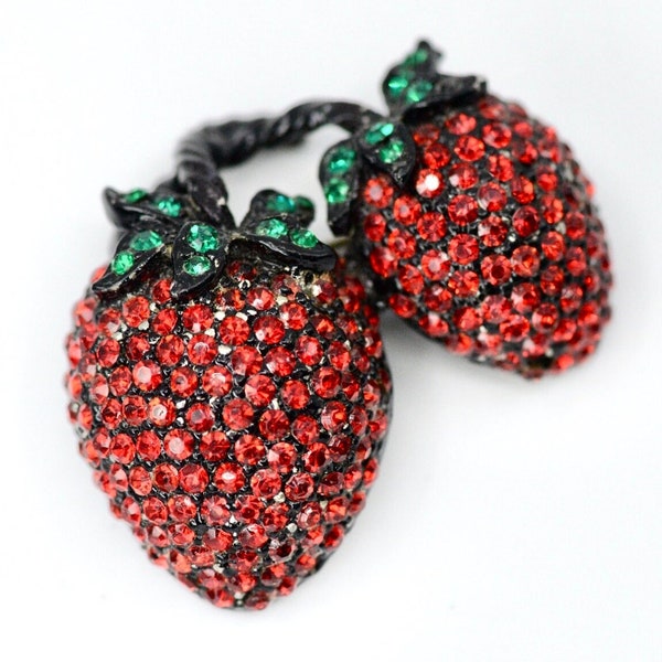 Vintage Mid Century Pave Rhinestone Strawberry Brooch Pin Black Enamel Background, Sweet and Sparkling Berry Brooch