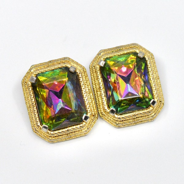 Vintage Elsa Schiaparelli Glass Watermelon Tourmaline Signed Gold Tone Metal Earrings, Statement Rectangular Clip-on Haute Couture Designer