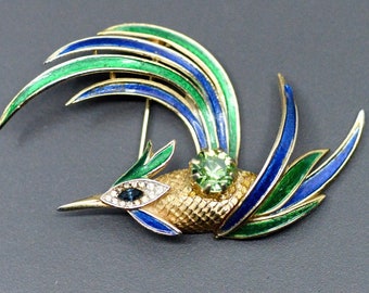 Rare Trifari Alfred Philippe L'Orient Bird of Paradise Brooch, Large Green and Blue Enamel Gold Tone with Rhinestones