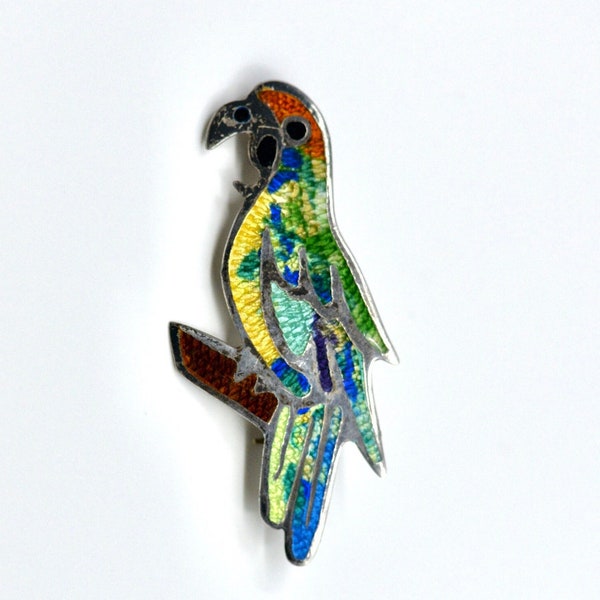 Vintage Signed Taxco Sterling and Enamel Parrot Pin Brooch, by Jeronimo Fuentes, Mid Century Artisan Piece