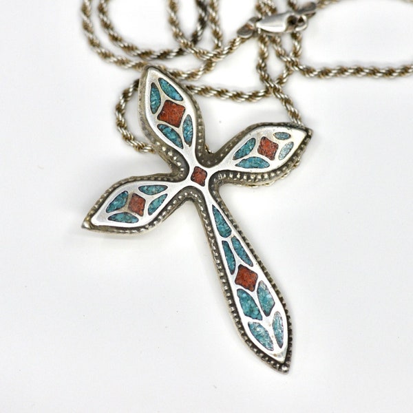 Massive Vintage Native American Sterling Turquoise Coral Inlay Cross and Heavy Sterling Silver Twisted Rope Chain Necklace, Stunning Quality