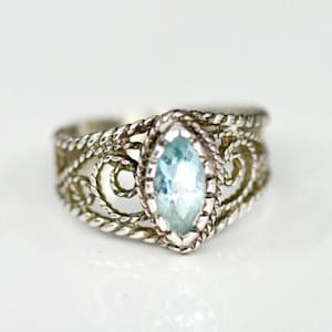 Vintage Sterling Silver Filigree Ring: Marquise Topaz, Size 7.5