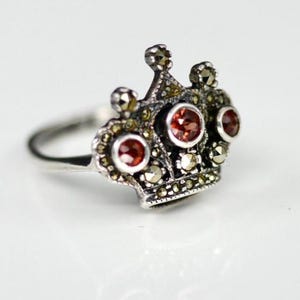 Sterling Silver and Garnet Princess Tiara Ring, Queen's Crown Statement Ring Size 5.25