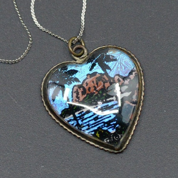 Vintage Blue Morpho Butterfly Wing Reverse Painting Heart Pendant Necklace and Sterling Silver Chain, Rio De Janiro Souvenir, Brasil