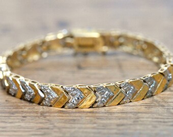 Vintage 925 Sterling Silver and Gold tone Herringbone Weave Tennis Bracelet