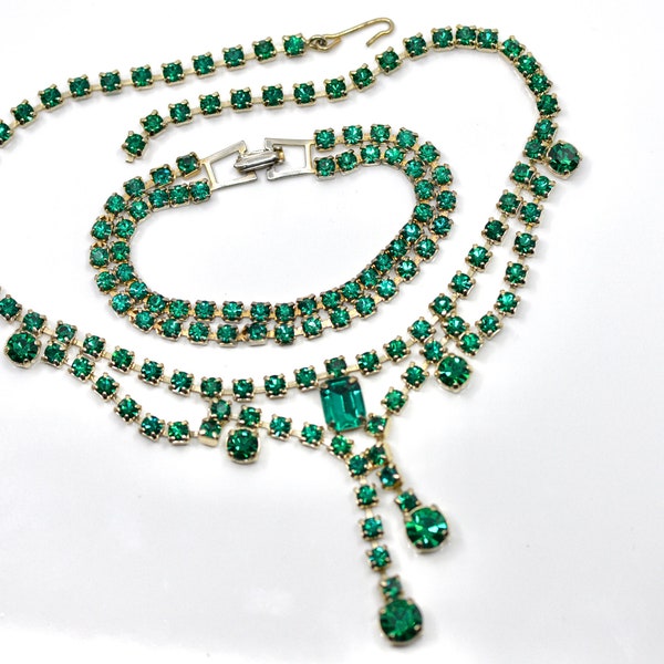Vintage 1950's Emerald Green Rhinestone Necklace and Bracelet Set, Prong Set Stones, Lovely Prom or Evening Wear Jewelry Set