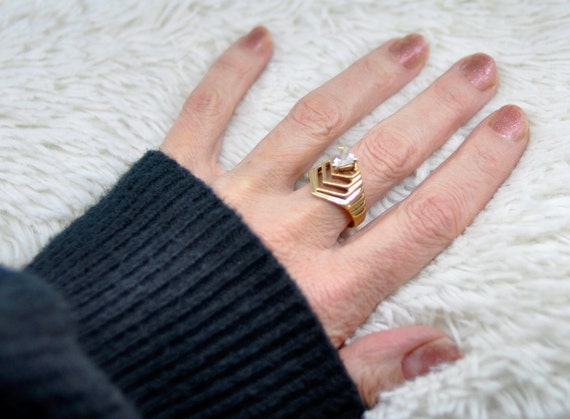 Vintage Gold Plated Geometric Cocktail Ring, Sign… - image 4