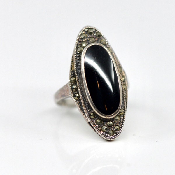 Vintage Onyx Sterling Silver Ring, Elongated Art Deco Revival Ring with Large Oval Onyx, Cocktail Ring Dinner Ring Size 6.5