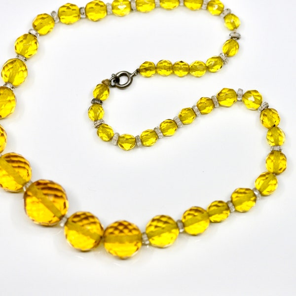 Vintage Czech Glass Crystal Intensely Golden Yellow Round Faceted Bead Necklace, Mid Century 15 3/4" Choker, 1940's Faux Citrine