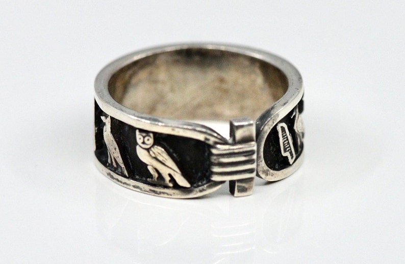 Vintage Silver Egyptian Hieroglyph Eternity Band Ring, Chunky Wide Band
